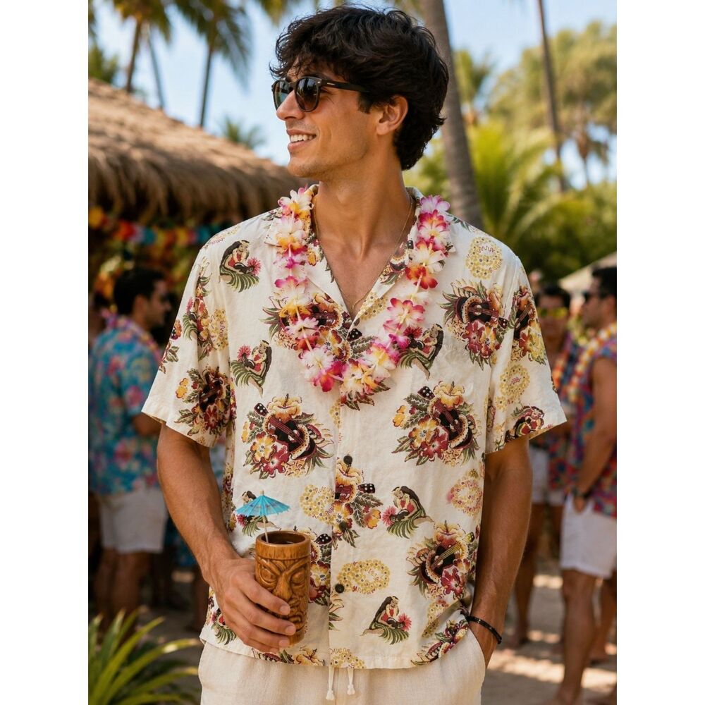 Kai Island Vintage Hawaiian Floral Shirt White, Yellow, Green Cotton Men's 2XL